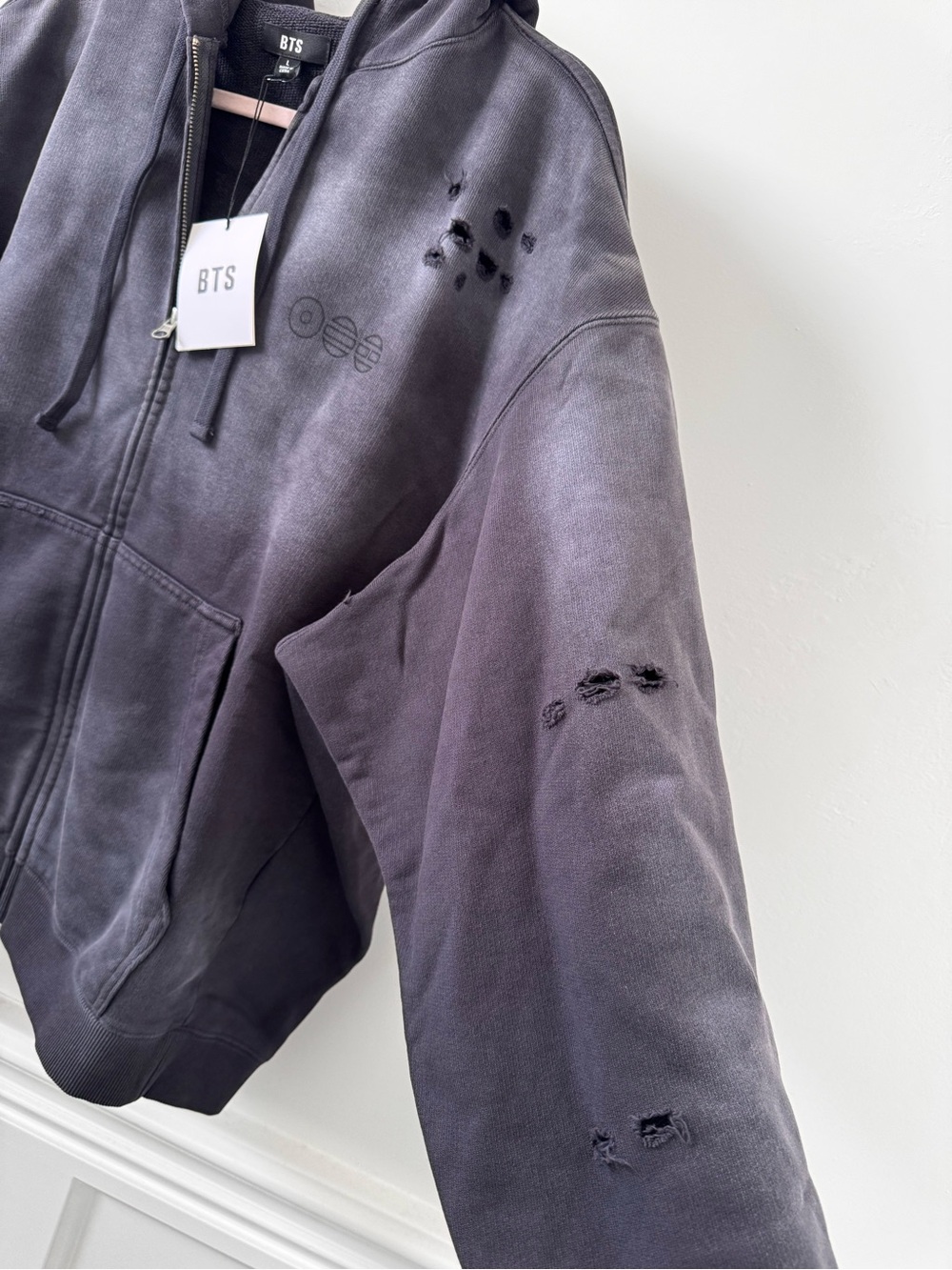 BTS Arirang tour merch. Intentionally Distressed Zip-Up Hoodie - Charcoal Gray - Picture 6 of 13